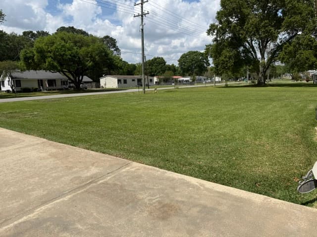 Freshly mowed corner lot lawn in Louisiana neighborhood