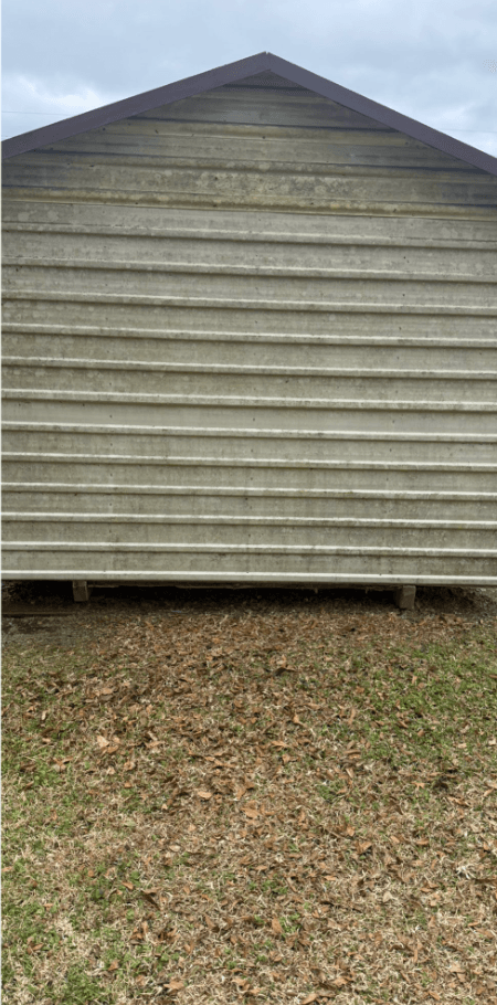 Shed gable end gray with mold and mildew before pressure washing
